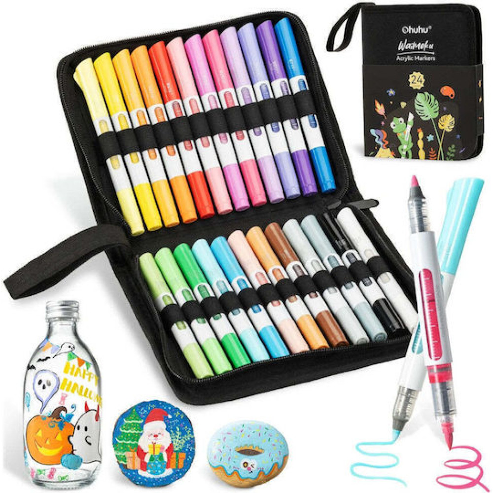 Ohuhu Σετ 24 Ακρυλικοί Μαρκαδόροι Waimoku Brush & Bullet