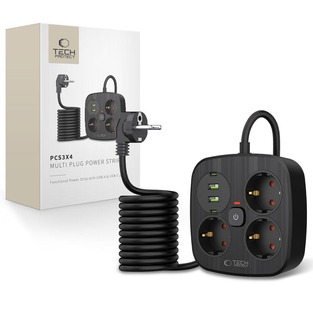 Tech-Protect PCS3X4 Πολύπριζο 3 Θέσεων, 2 USB & 2 TYPE-C 2m (Μαύρο)