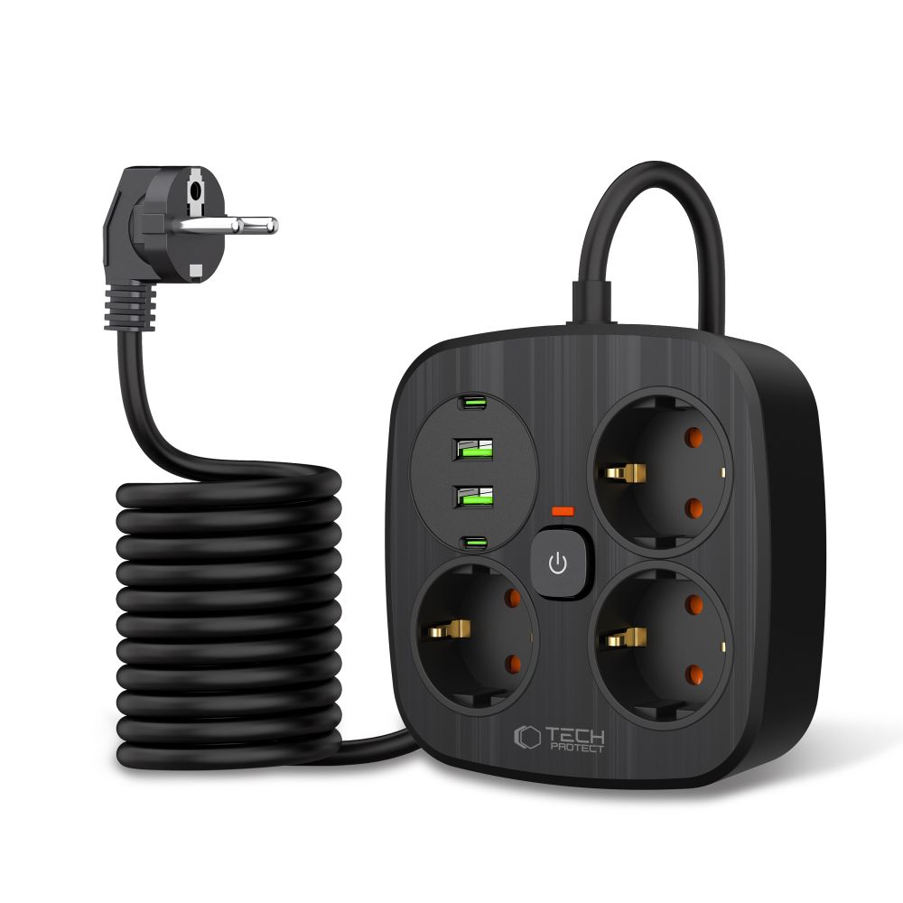 Tech-Protect PCS3X4 Πολύπριζο 3 Θέσεων, 2 USB & 2 TYPE-C 2m (Μαύρο)
