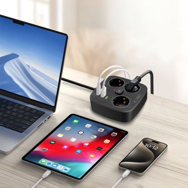 Tech-Protect PCS3X4 Πολύπριζο 3 Θέσεων, 2 USB & 2 TYPE-C 2m (Μαύρο)
