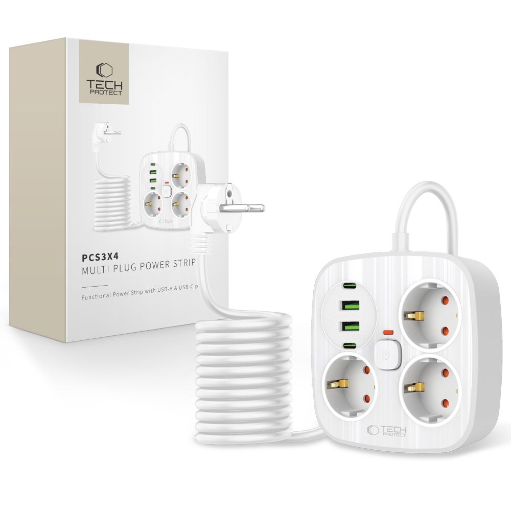 Tech-Protect PCS3X4 Πολύπριζο 3 Θέσεων, 2 USB & 2 TYPE-C 2m (Λευκό)