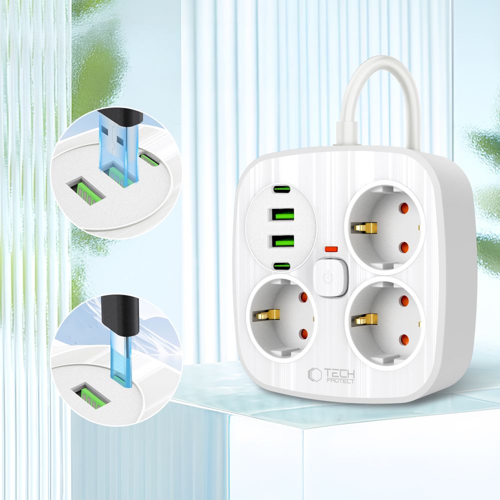 Tech-Protect PCS3X4 Πολύπριζο 3 Θέσεων, 2 USB & 2 TYPE-C 2m (Λευκό)