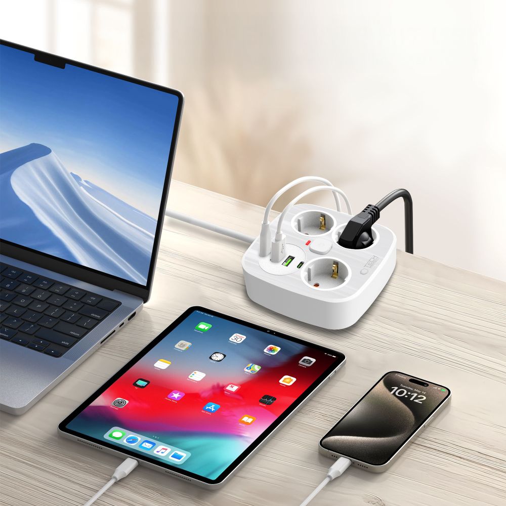 Tech-Protect PCS3X4 Πολύπριζο 3 Θέσεων, 2 USB & 2 TYPE-C 2m (Λευκό)