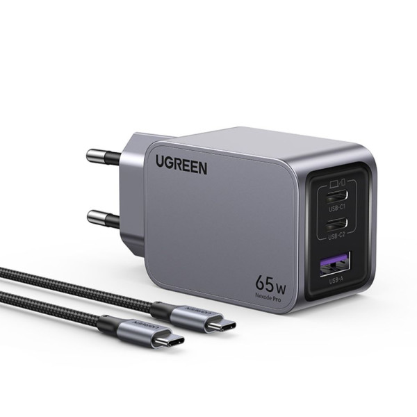 Ugreen X755/25871 φορτιστής 3 Θέσεων GaN PD 65W + καλώδιο USB-C 100W 1.5m (Γκρι)