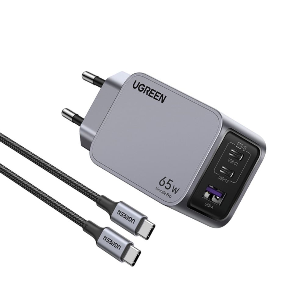 Ugreen X755/25871 φορτιστής 3 Θέσεων GaN PD 65W + καλώδιο USB-C 100W 1.5m (Γκρι)