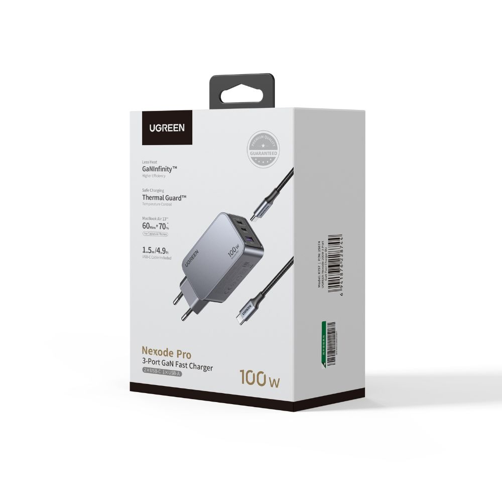 Ugreen X757/25874 φορτιστής 3 Θέσεων GaN PD 100W  + καλώδιο USB-C 100W 1.5m (Γκρι)