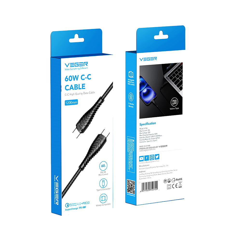 Veger V106 Καλώδιο Φόρτισης USB-C σε USB-C QC 60W 1.2m (Μαύρο)