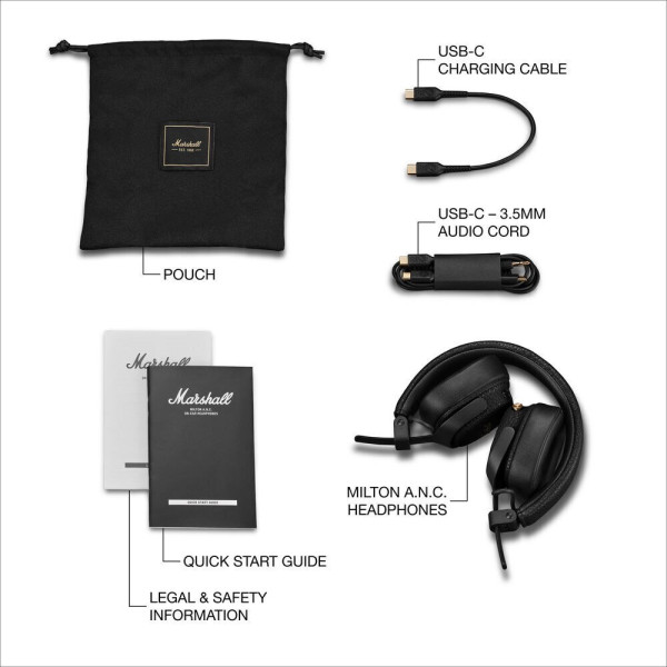 Marshall Milton A.N.C. Wireless on-ear headphones με 80+ ώρες playtime (Black)