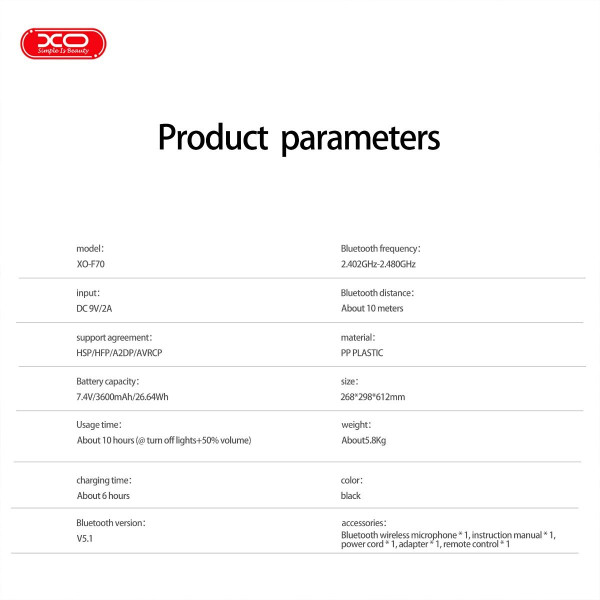 XO F70 Ηχείο Bluetooth με ασύρματο μικρόφωνο, τηλεχειριστήριο και RGB φωτισμό