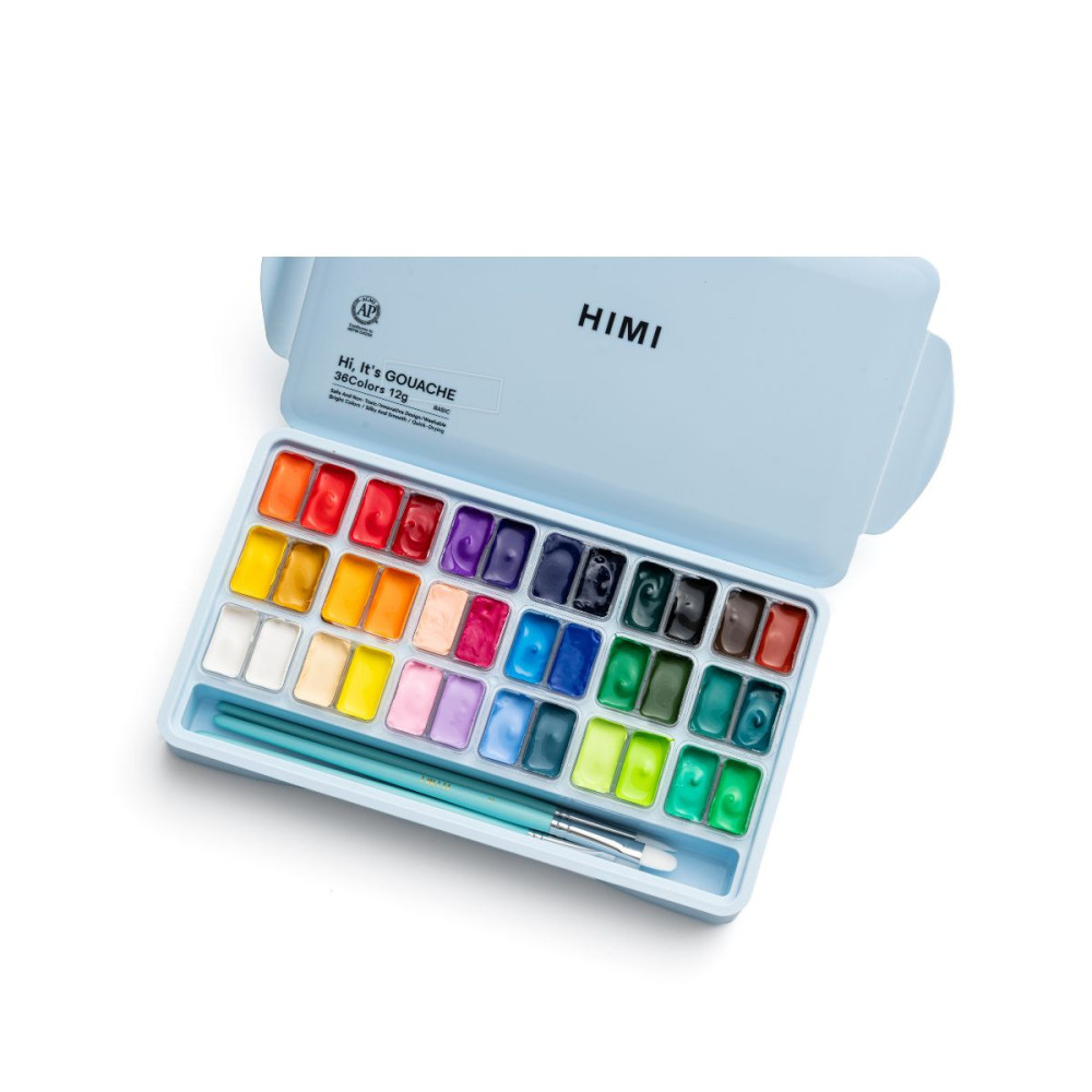HIMI Twin Cup Gouache Σετ 36 Χρωμάτων με 3 Πινέλα & Παλέτα Ανάμιξης - Ice Blue Case