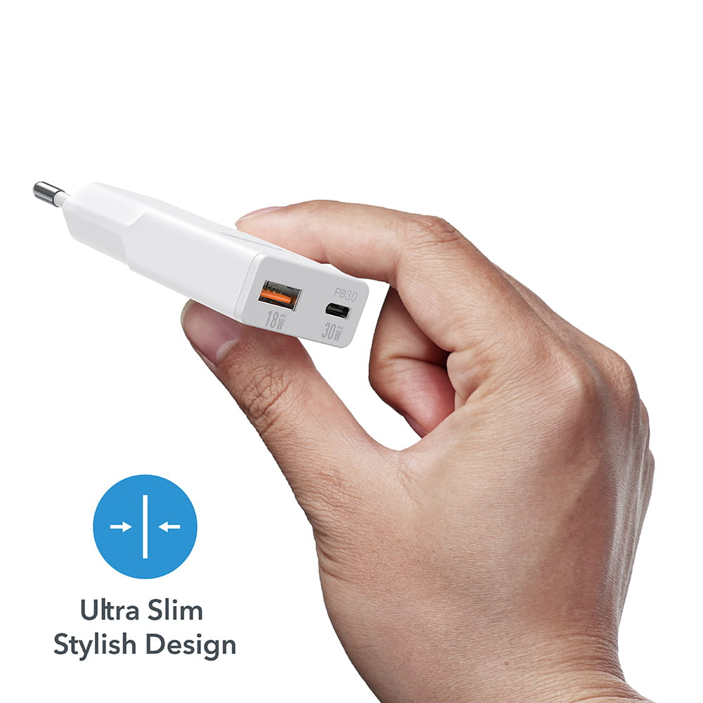 Veger TC301-1A1C Ultra Slim φορτιστής USB-C PD 3.0 & USB-A QC 3.0 GaN PD 30W (Λευκό)