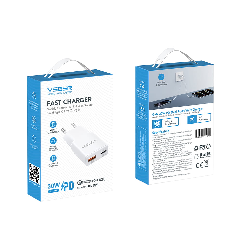 Veger TC301-1A1C Ultra Slim φορτιστής USB-C PD 3.0 & USB-A QC 3.0 GaN PD 30W (Λευκό)