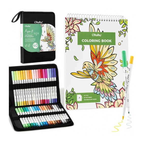 Ohuhu Σετ Μαρκαδόροι Pupe B Watercolour με Διπλή Μυτή Brush & Fine (40 τεμάχια) με Coloring Book