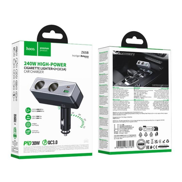 Hoco Z65B Φορτιστής αυτοκινήτου 1xUSB A + 1xUSB C+2x υποδοχές αναπτήρα PD QC3.0 max 240W/24V, 12V/120W