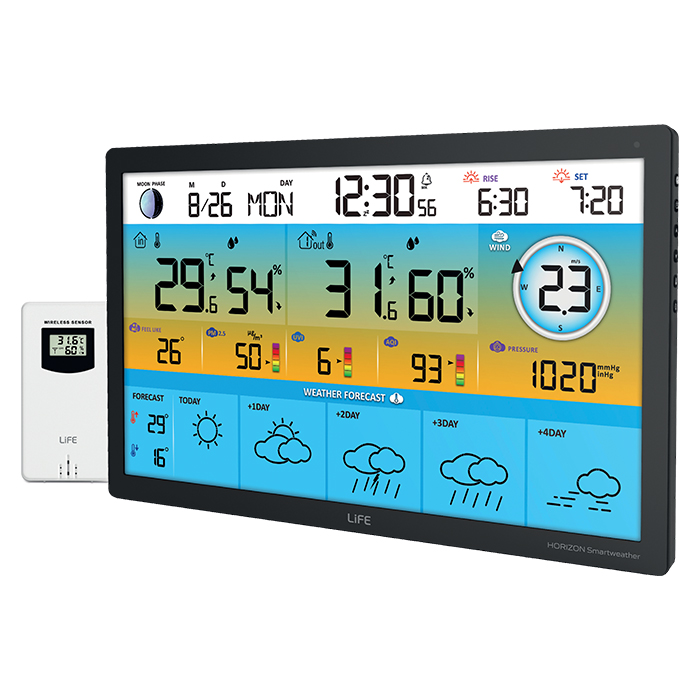 LiFE HORIZON Smartweather TUYA Smart Wi-Fi μετεωρολογικός σταθμός με ασύρματο εξωτερικό αισθητήρα, έγχρωμη οθόνη LCD 15.5" και πρόγνωση καιρού 5 ημερών