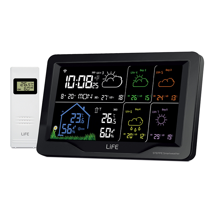 LiFE STEPPE Smartweather TUYA Smart Wi-Fi μετεωρολογικός σταθμός με ασύρματο εξωτερικό αισθητήρα, έγχρωμη οθόνη LCD 7.5" και πρόγνωση καιρού 5 ημερών.