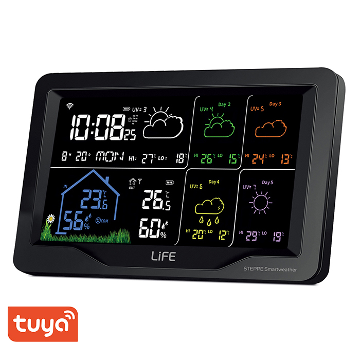 LiFE STEPPE Smartweather TUYA Smart Wi-Fi μετεωρολογικός σταθμός με ασύρματο εξωτερικό αισθητήρα, έγχρωμη οθόνη LCD 7.5" και πρόγνωση καιρού 5 ημερών.