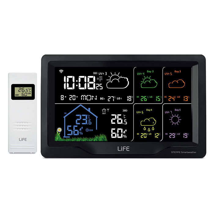LiFE STEPPE Smartweather TUYA Smart Wi-Fi μετεωρολογικός σταθμός με ασύρματο εξωτερικό αισθητήρα, έγχρωμη οθόνη LCD 7.5" και πρόγνωση καιρού 5 ημερών.