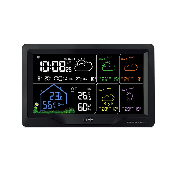LiFE STEPPE Smartweather TUYA Smart Wi-Fi μετεωρολογικός σταθμός με ασύρματο εξωτερικό αισθητήρα, έγχρωμη οθόνη LCD 7.5" και πρόγνωση καιρού 5 ημερών.