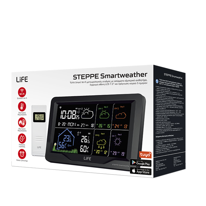 LiFE STEPPE Smartweather TUYA Smart Wi-Fi μετεωρολογικός σταθμός με ασύρματο εξωτερικό αισθητήρα, έγχρωμη οθόνη LCD 7.5" και πρόγνωση καιρού 5 ημερών.