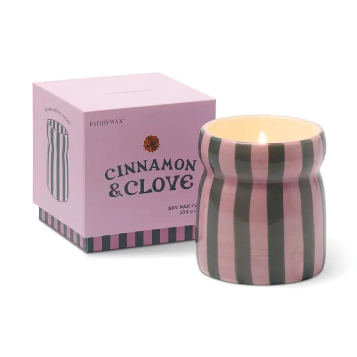Paddywax Cabana Φυτικό Κερί 184gr σε Ρόζ/Πράσινο Ριγέ Κεραμικό Δοχείο - Cinnamon & Clove