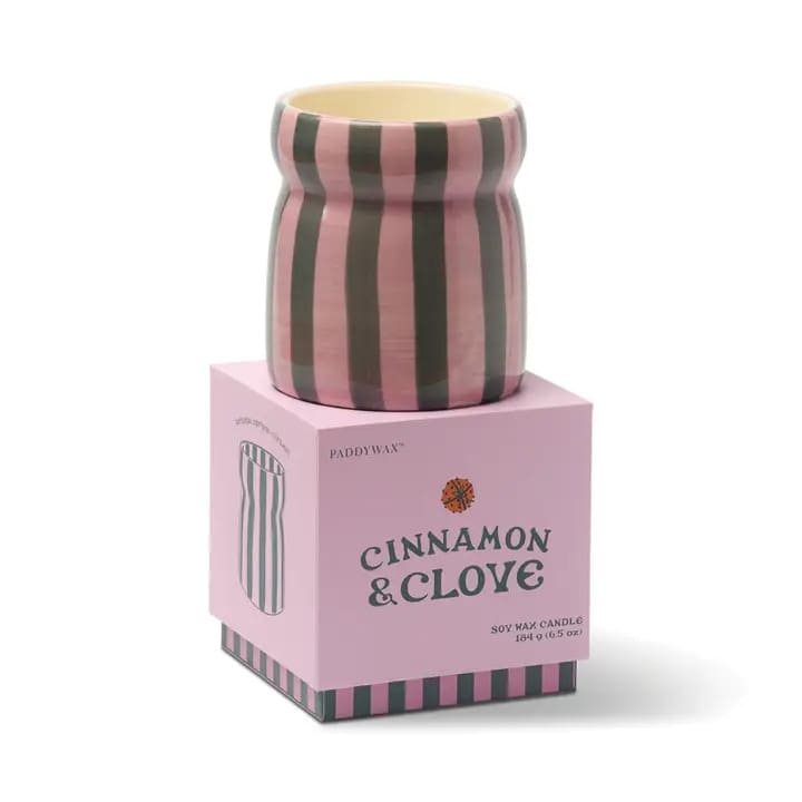 Paddywax Cabana Φυτικό Κερί 184gr σε Ρόζ/Πράσινο Ριγέ Κεραμικό Δοχείο - Cinnamon & Clove