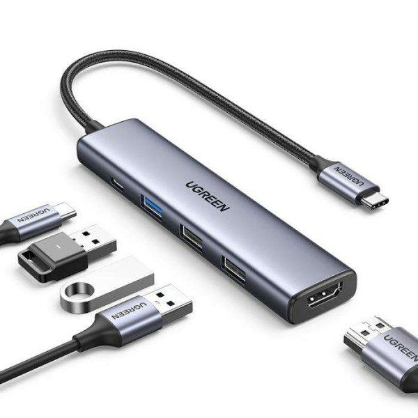 Ugreen CM478/15495 αντάπτορας 5 σε 1 USB-C σε HDMI 4k 1x USB 3.0 2x USB 3.0, PD (Γκρι)