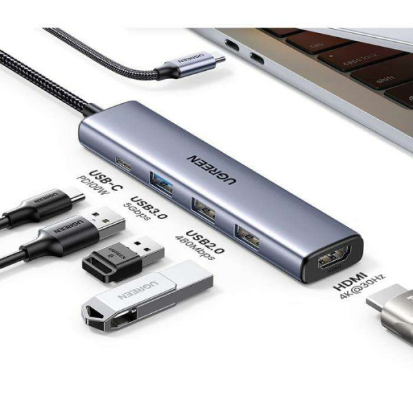 Ugreen CM478/15495 αντάπτορας 5 σε 1 USB-C σε HDMI 4k 1x USB 3.0 2x USB 3.0, PD (Γκρι)