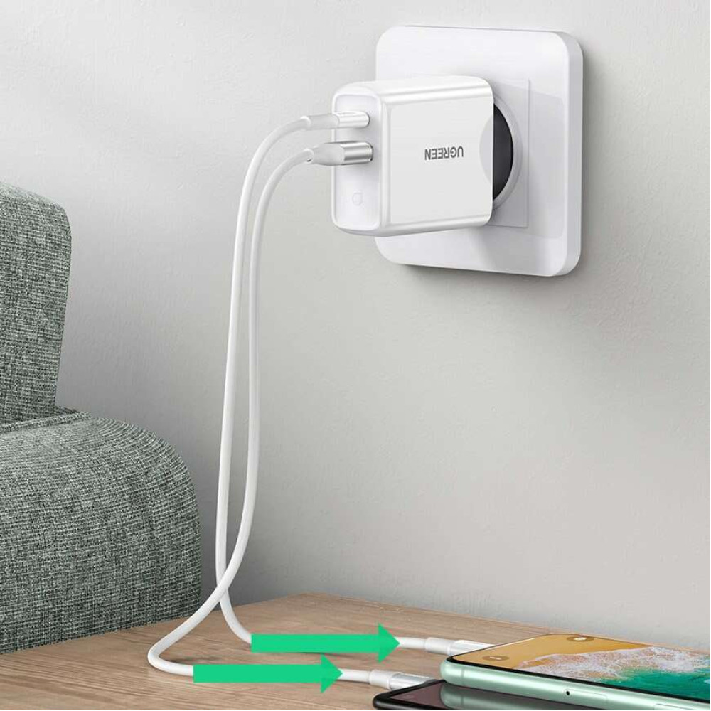 UGreen 2x USB-A / Type-C φορτιστής Quick Charge 4.0 3A 36W 60468 CD170 (Λευκό)