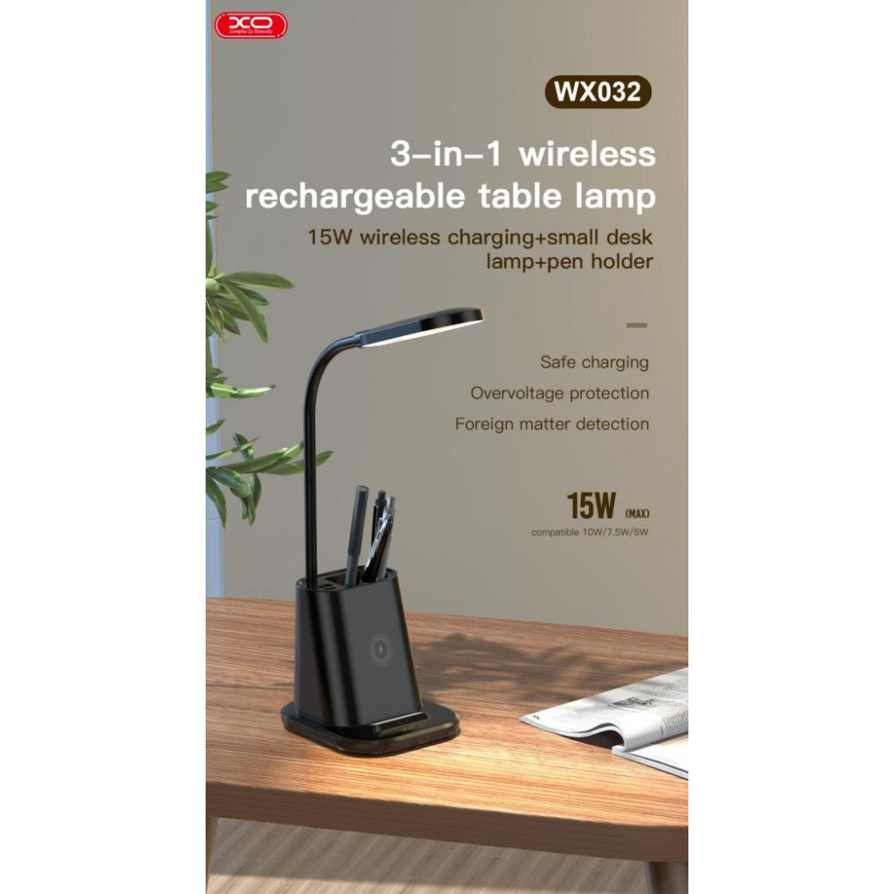 XO WX032 Φωτιστικό Γραφείου 3 Σε 1 Wireless Charger (Θήκη Στυλού, Λάμπα Γραφείου, Ασύρματη Φόρτιση) 25W (Μαύρο)